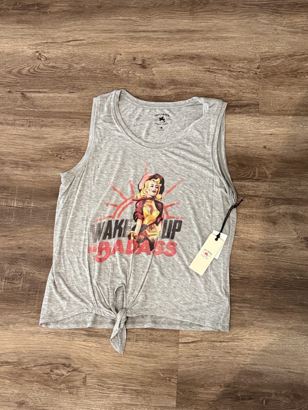 Idyllwind Gray Graphic Tie-Front Crop Tank with Red & Yellow Print